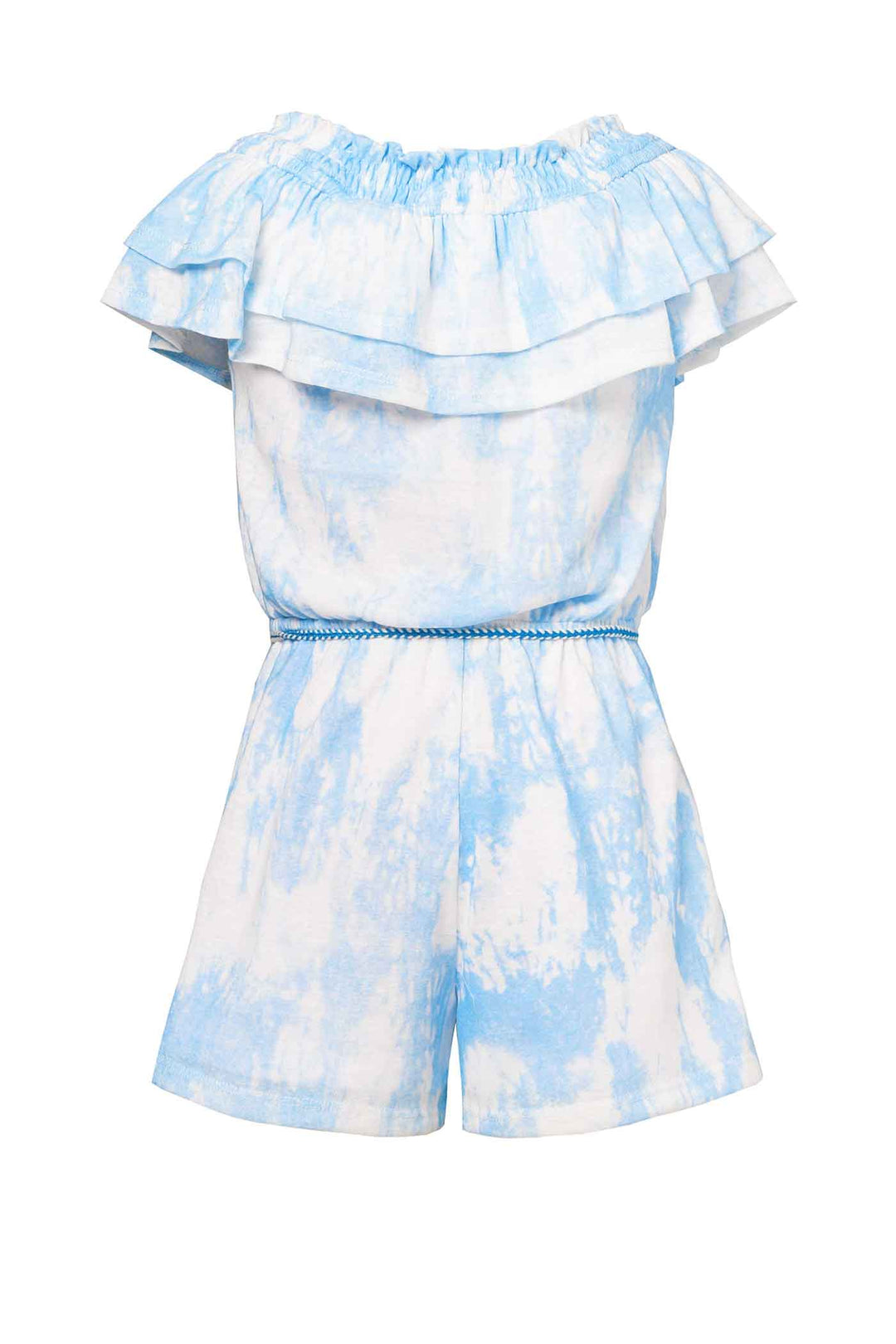 Hannah Banana Little Girls Watercolor Tie Dye Print Off The Shoulder Romper Tassel Waist Tie Boho Chic Luxe Trendy Fun Fashion for Children