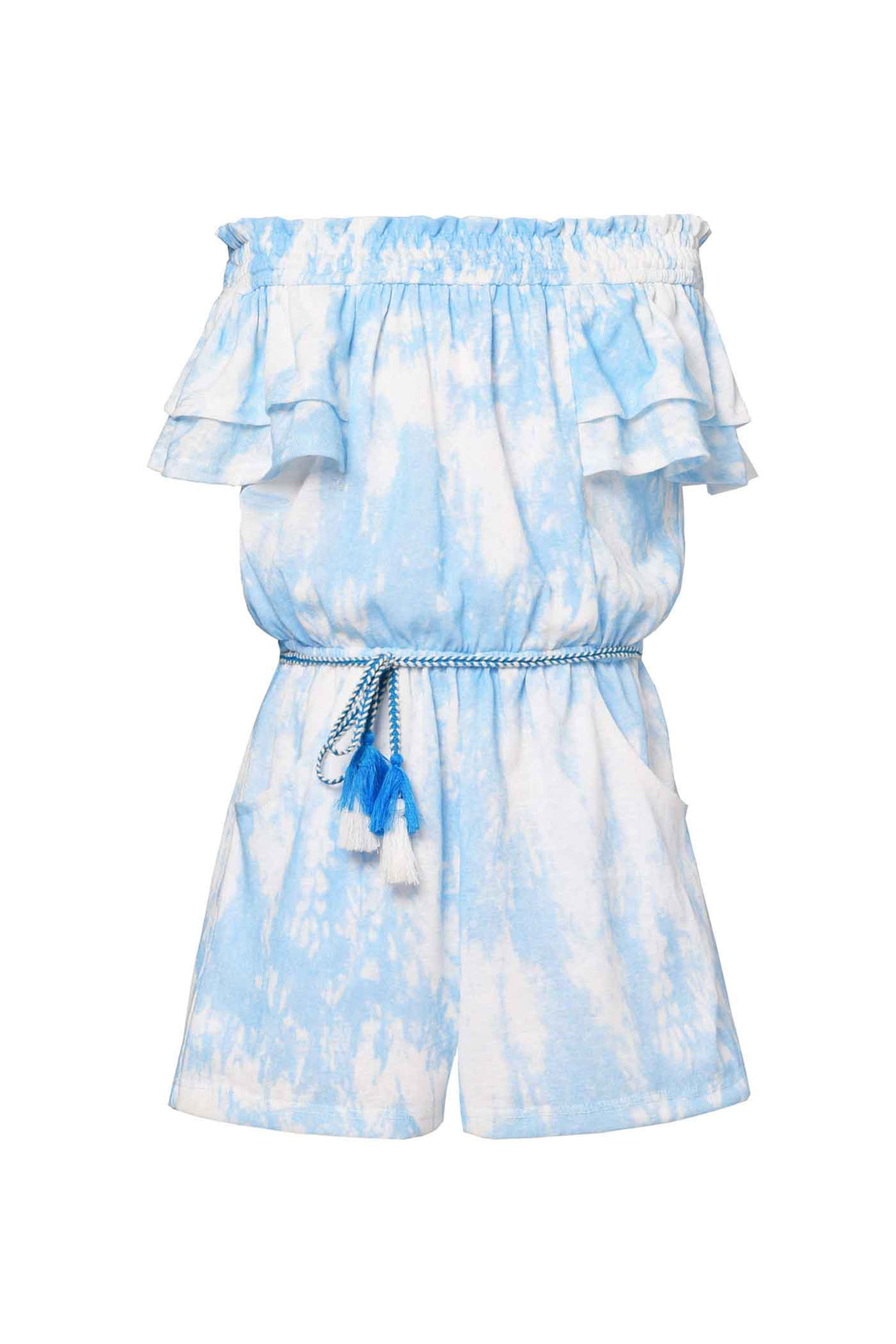 Hannah Banana Little Girls Watercolor Tie Dye Print Off The Shoulder Romper Tassel Waist Tie Boho Chic Luxe Trendy Fun Fashion for Children