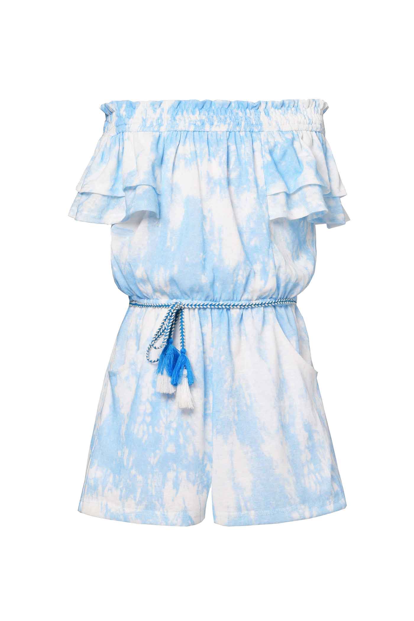 Hannah Banana Little Girls Watercolor Tie Dye Print Off The Shoulder Romper Tassel Waist Tie Boho Chic Luxe Trendy Fun Fashion for Children