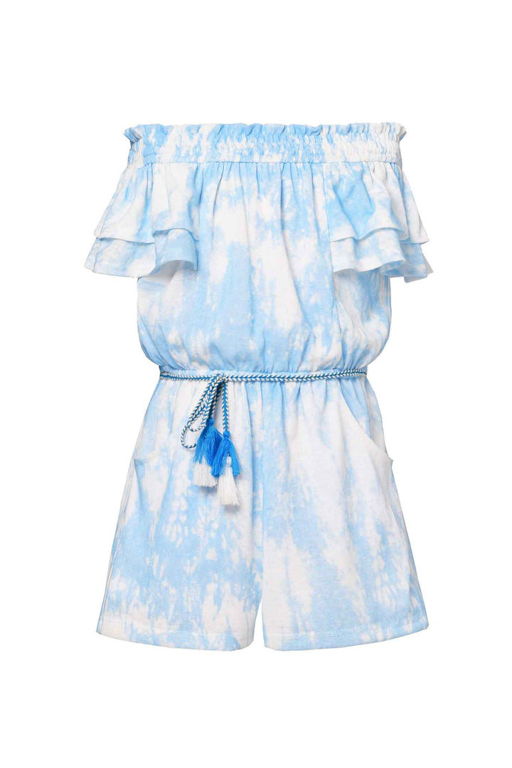 Hannah Banana Little Girls Watercolor Tie Dye Print Off The Shoulder Romper Tassel Waist Tie Boho Chic Luxe Trendy Fun Fashion for Children