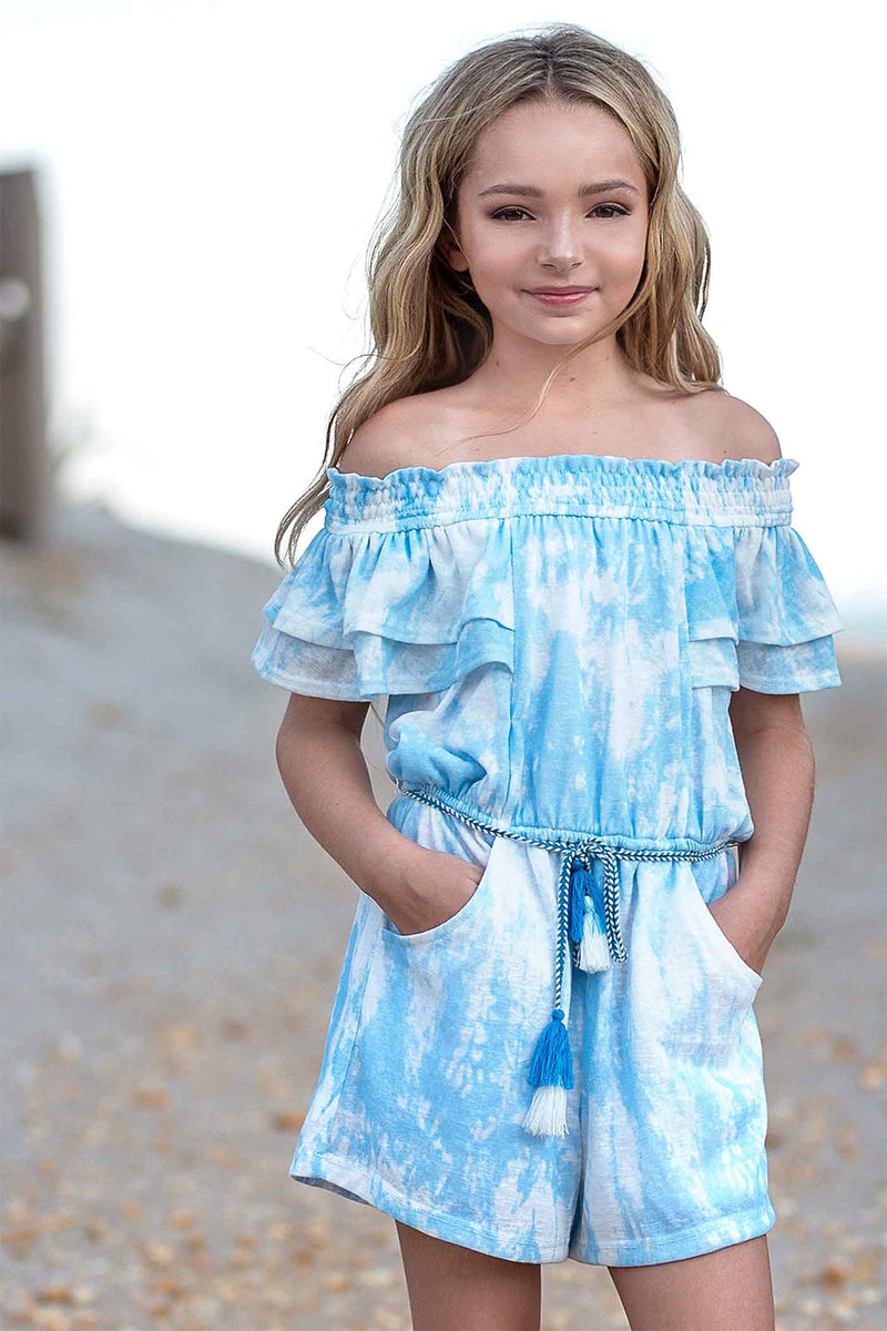 Hannah Banana Little Girls Watercolor Tie Dye Print Off The Shoulder Romper Tassel Waist Tie Boho Chic Luxe Trendy Fun Fashion for Children