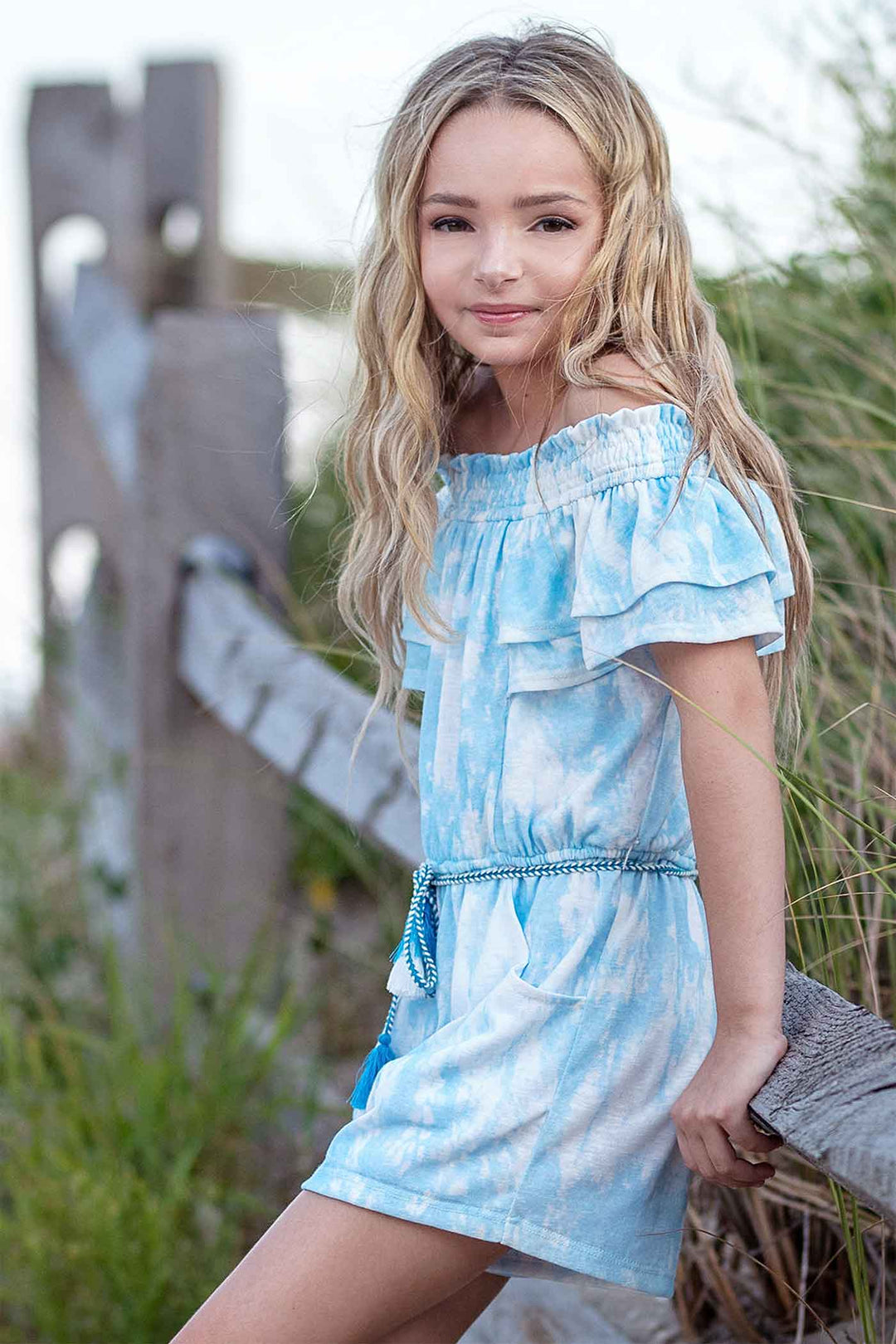 Hannah Banana Little Girls Watercolor Tie Dye Print Off The Shoulder Romper Tassel Waist Tie Boho Chic Luxe Trendy Fun Fashion for Children
