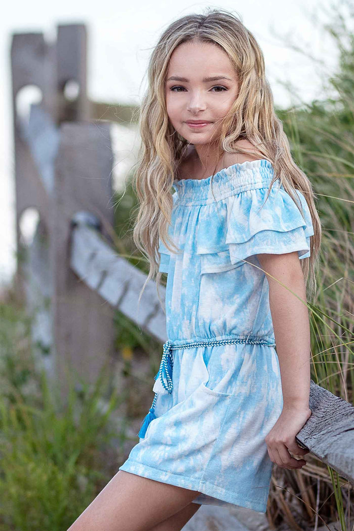 Hannah Banana Little Girls Watercolor Tie Dye Print Off The Shoulder Romper Tassel Waist Tie Boho Chic Luxe Trendy Fun Fashion for Children