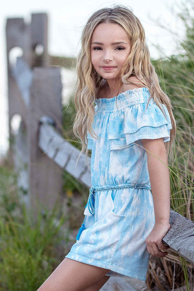 Hannah Banana Little Girls Watercolor Tie Dye Print Off The Shoulder Romper Tassel Waist Tie Boho Chic Luxe Trendy Fun Fashion for Children