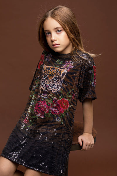 Hannah Banana Little Girl's Tiger Floral Print Sequin Dress