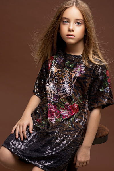 Hannah Banana Little Girl's Tiger Floral Print Sequin Dress