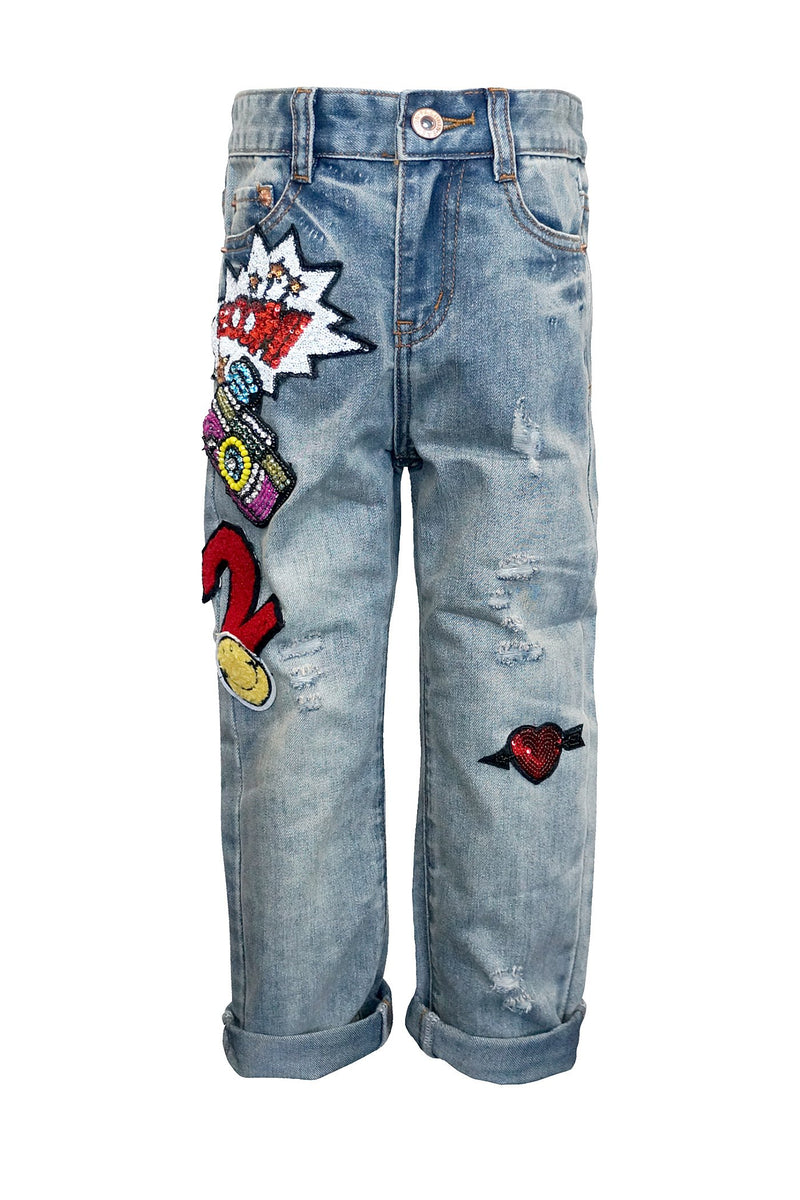 Hannah Banana Little Girls Medium Wash Distressed Comic book Sequin Patch Relaxed Fit Boyfriend Jeans