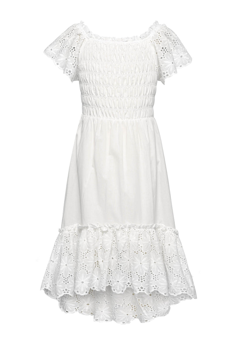 Eyelet Lace Ruffled Smocked Top High Low Dress