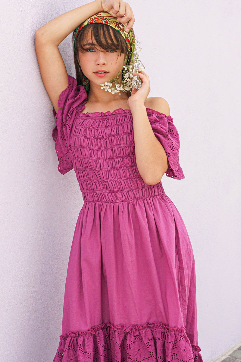 Eyelet Lace Ruffled Smocked Top High Low Dress