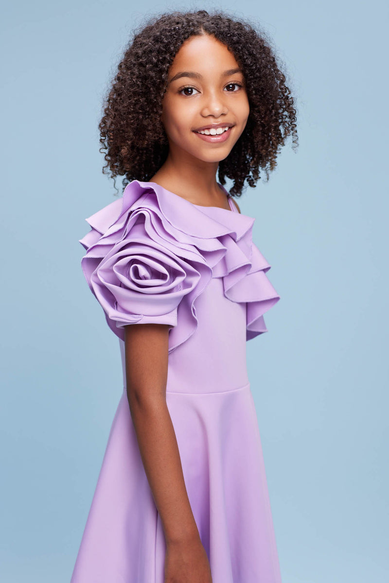 3D Flower Asymmetrical Sleeve Skater Dress