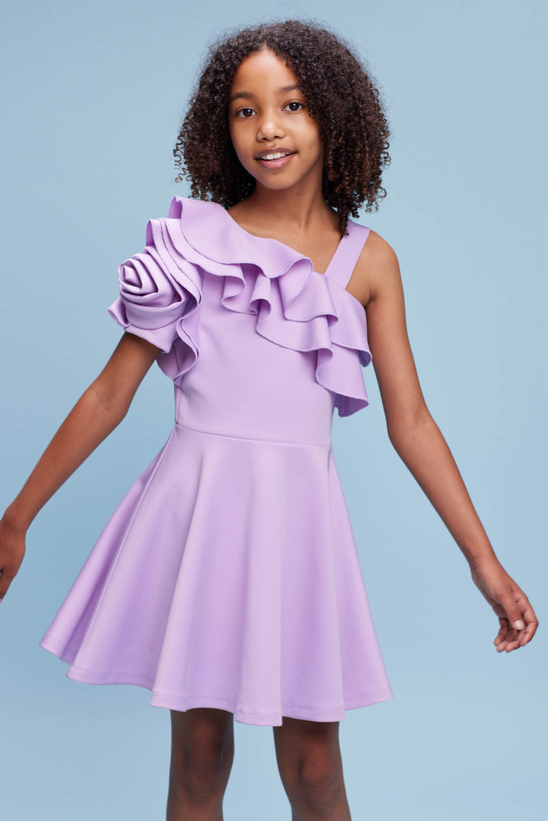 3D Flower Asymmetrical Sleeve Skater Dress