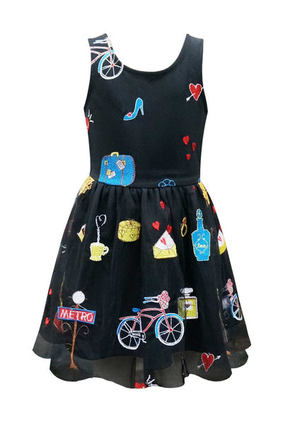 Hannah banana Girls Sleeveless Travel Lover Embroidered Mesh Dress