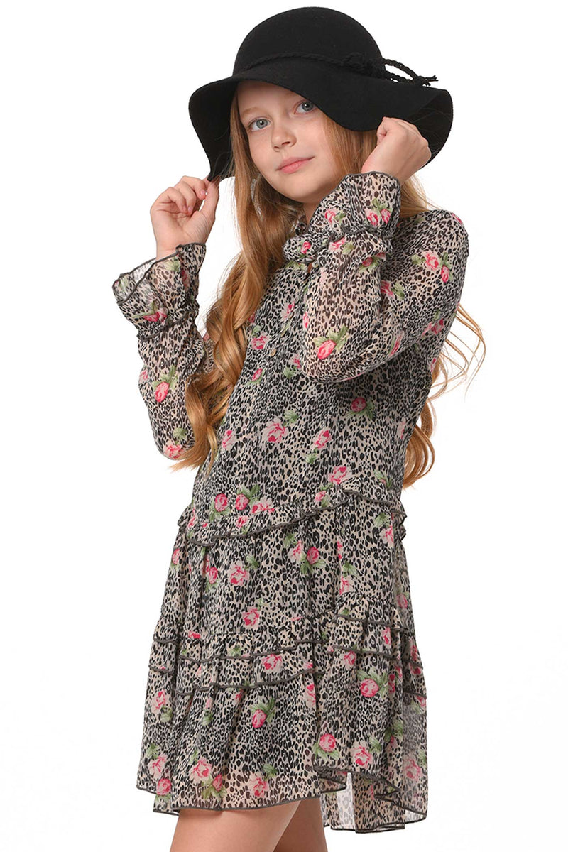 Hannah Banana Girls Animal Print Long Sleeve Chiffon Shirt Dress