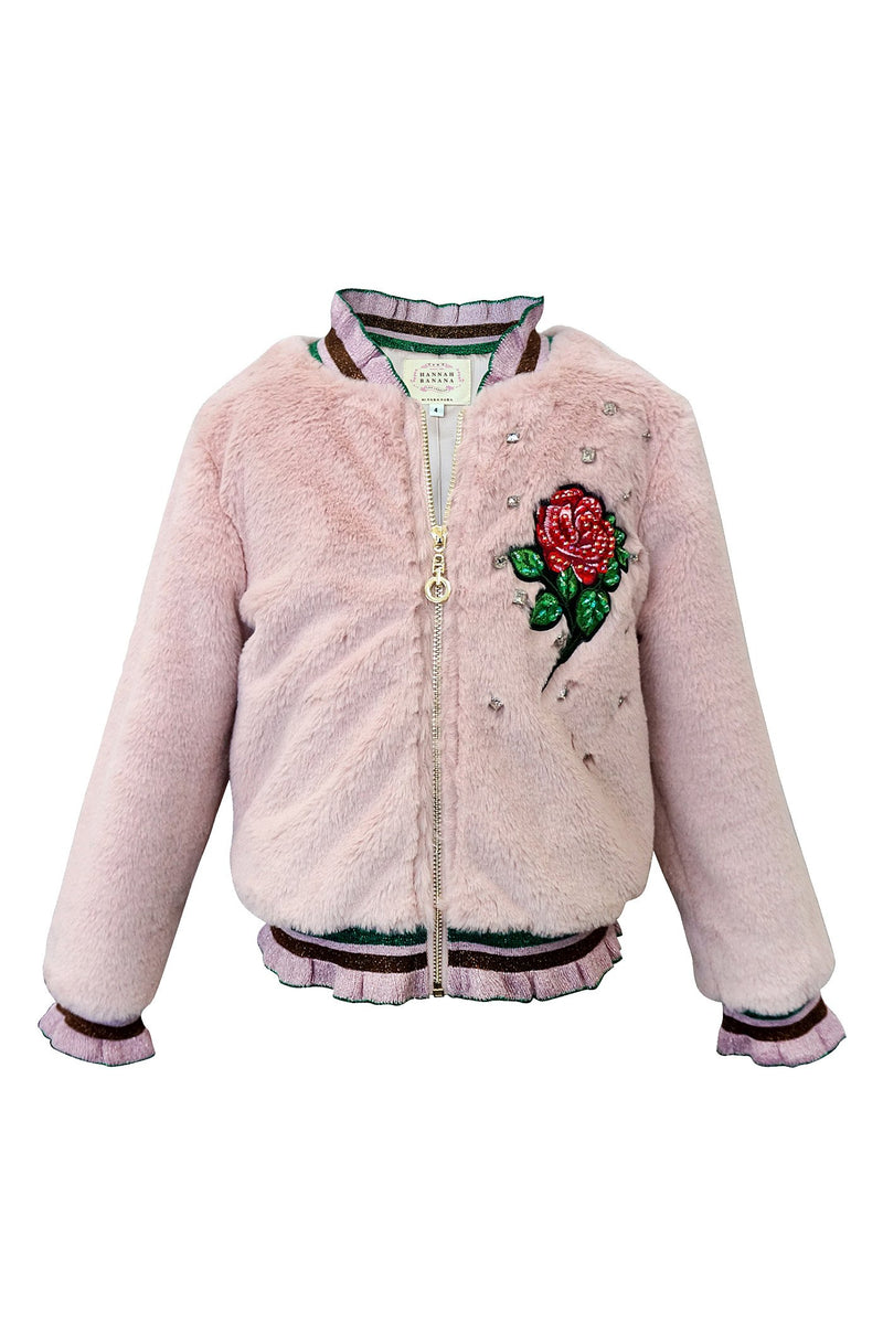 FAUX FUR BOMBER JACKET WITH ROSE PATCH AND RHINESTONES