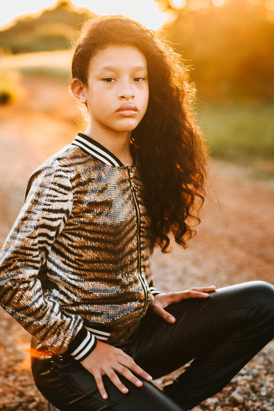 Hannah Banana Girls Animal Print Sequin Bomber Jacket