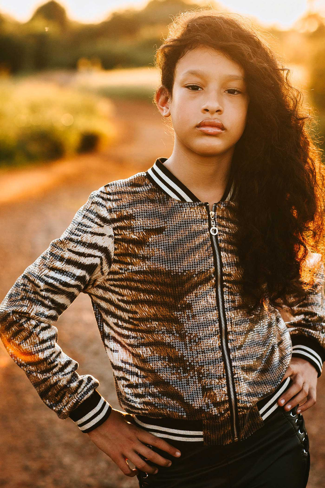 Hannah Banana Girls Animal Print Sequin Bomber Jacket