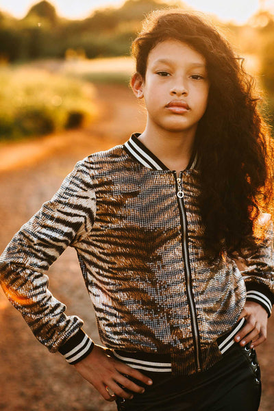 Hannah Banana Girls Animal Print Sequin Bomber Jacket