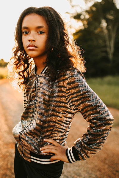 Hannah Banana Girls Animal Print Sequin Bomber Jacket