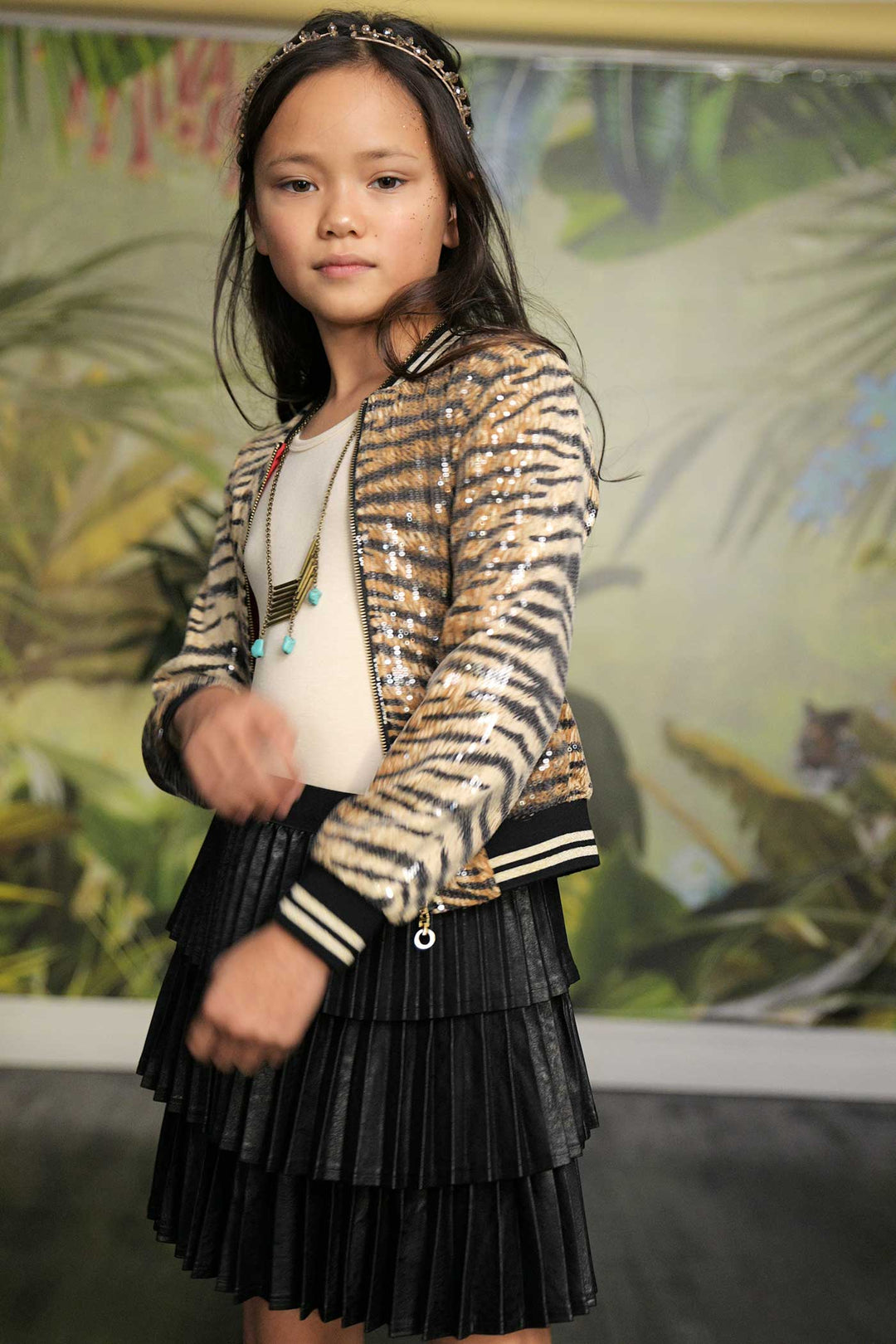 Hannah Banana Girls Animal Print Sequin Bomber Jacket