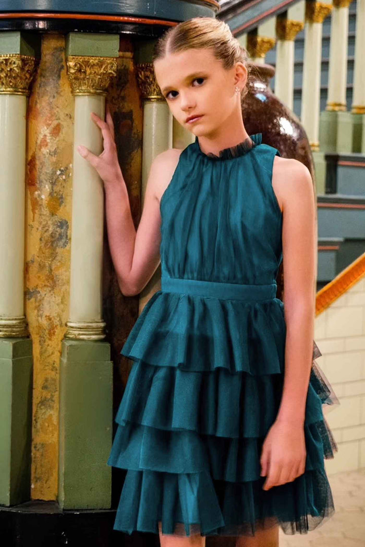 Big Girls High Neck Sleeveless Tiered Mesh Party Dress