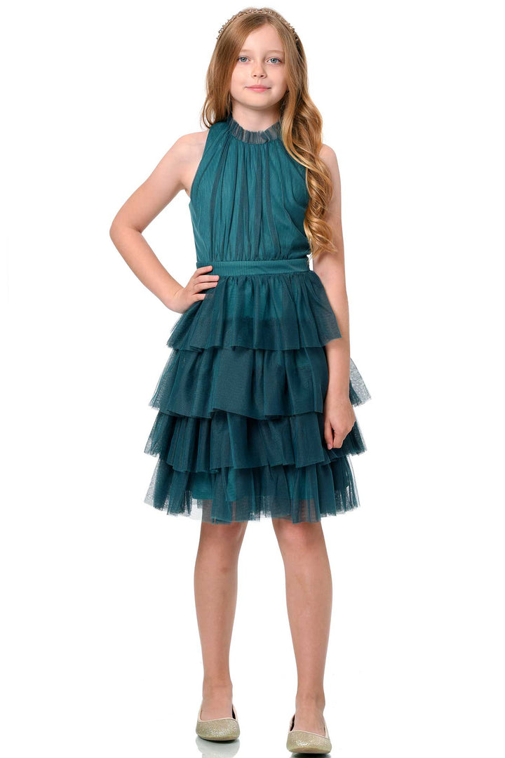 Hannah Banana Big Girls High Neck Sleeveless Tiered Mesh Party Dress