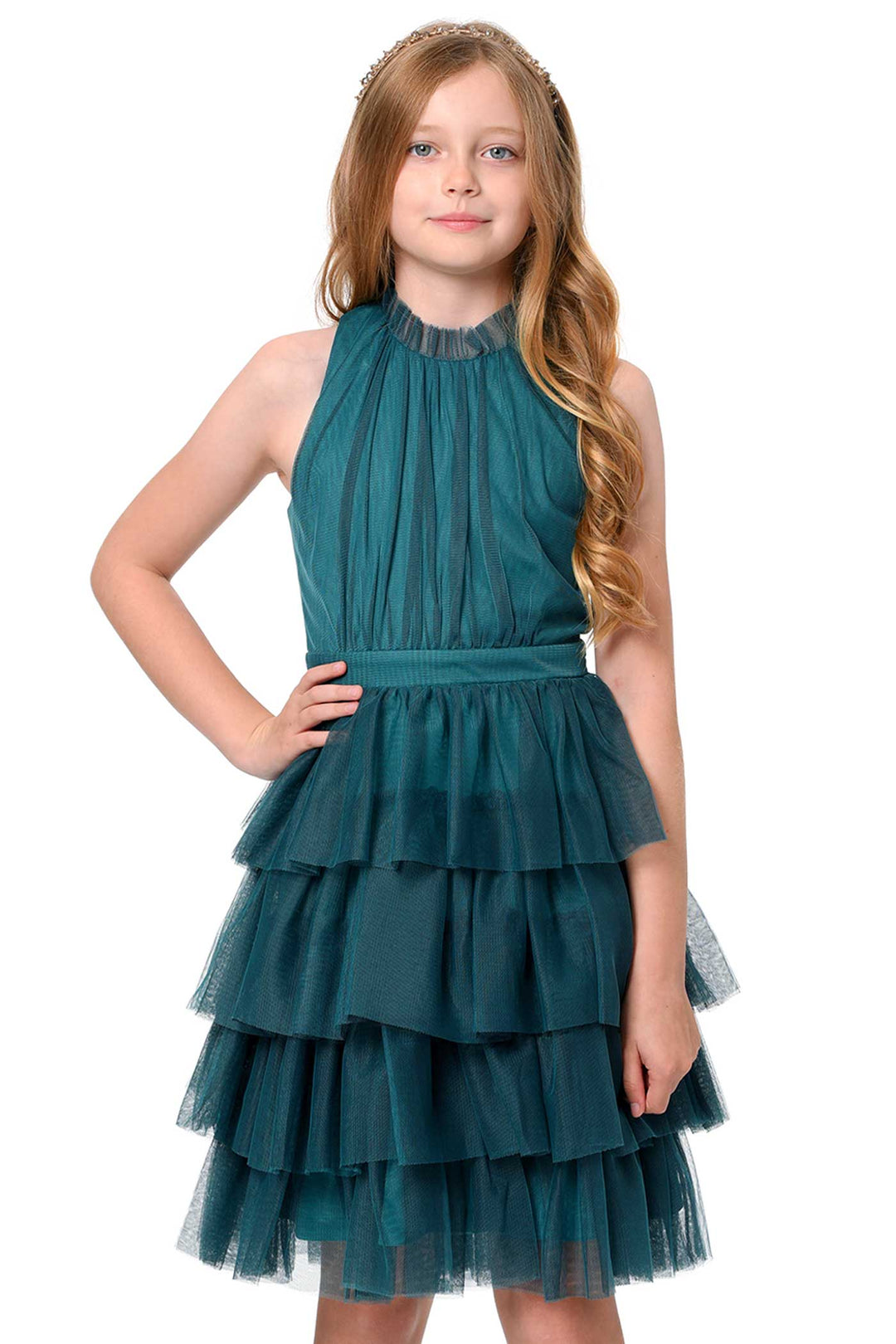 Hannah Banana Big Girls High Neck Sleeveless Tiered Mesh Party Dress