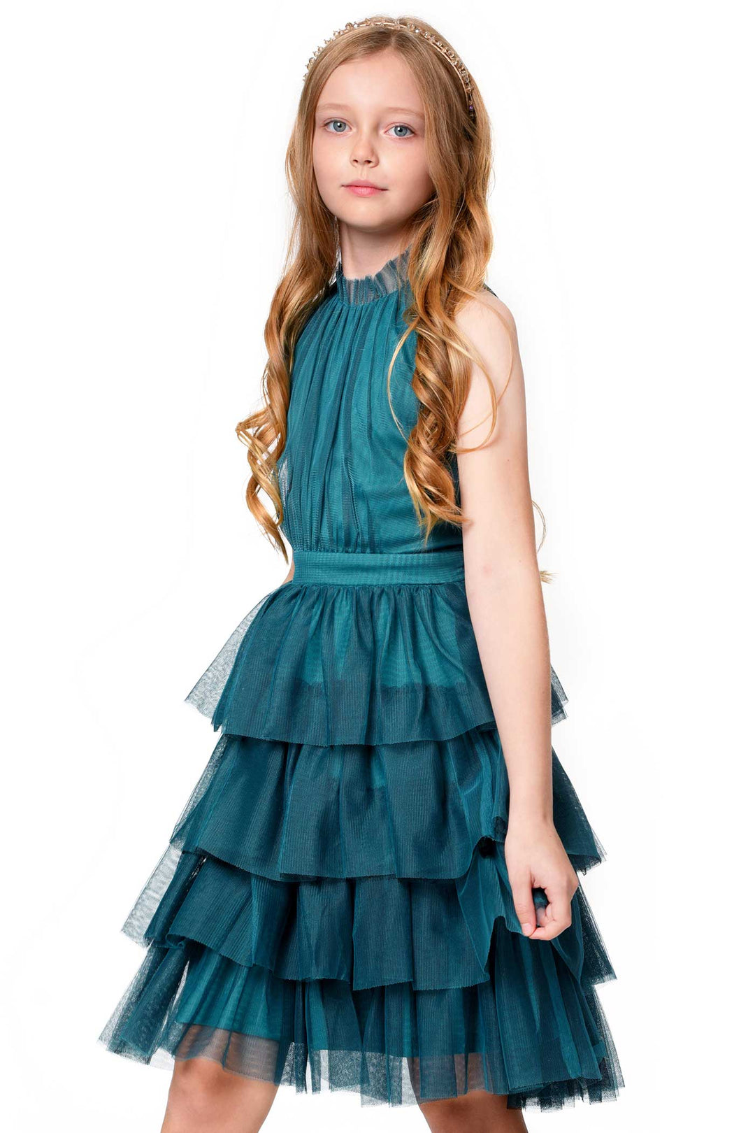 Hannah Banana Big Girls High Neck Sleeveless Tiered Mesh Party Dress