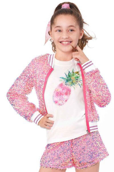 Hannah Banana Girls Holographic Sequin Fashion Bomber Jacket