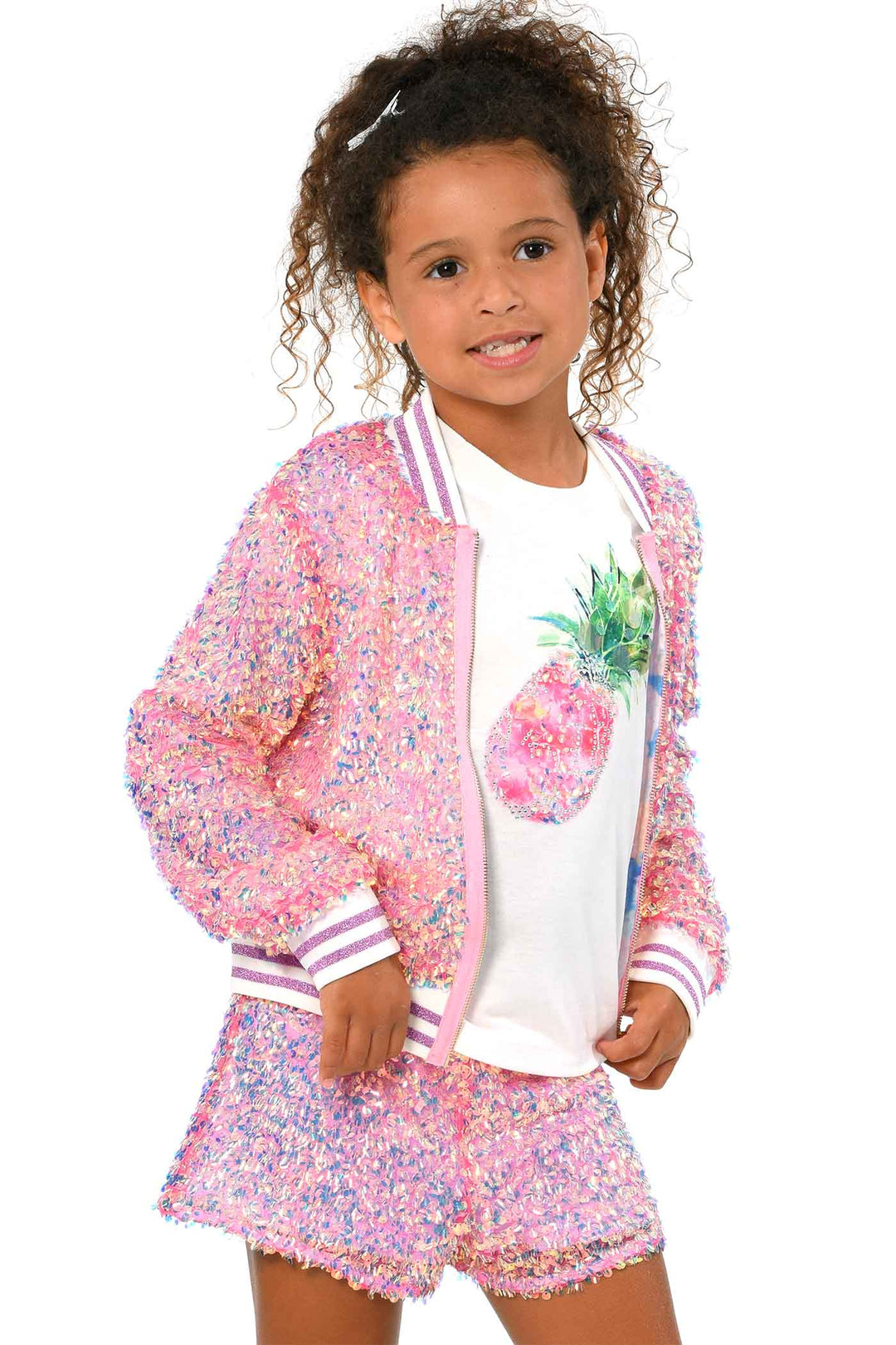 Hannah Banana Girls Holographic Sequin Fashion Bomber Jacket