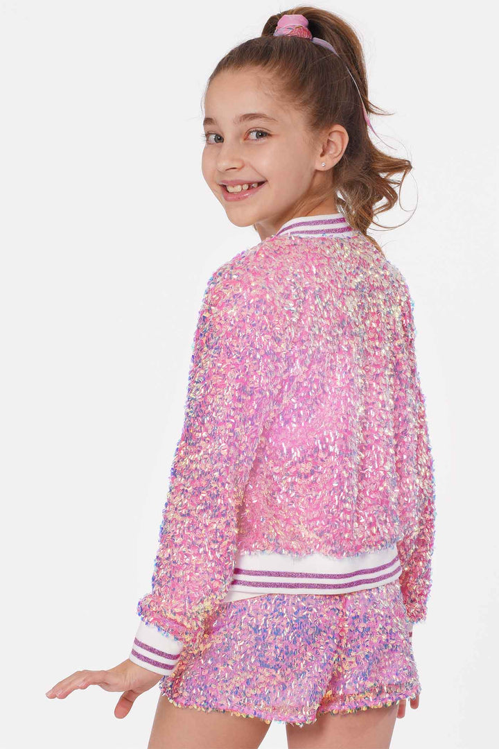 Hannah Banana Girls Holographic Sequin Fashion Bomber Jacket