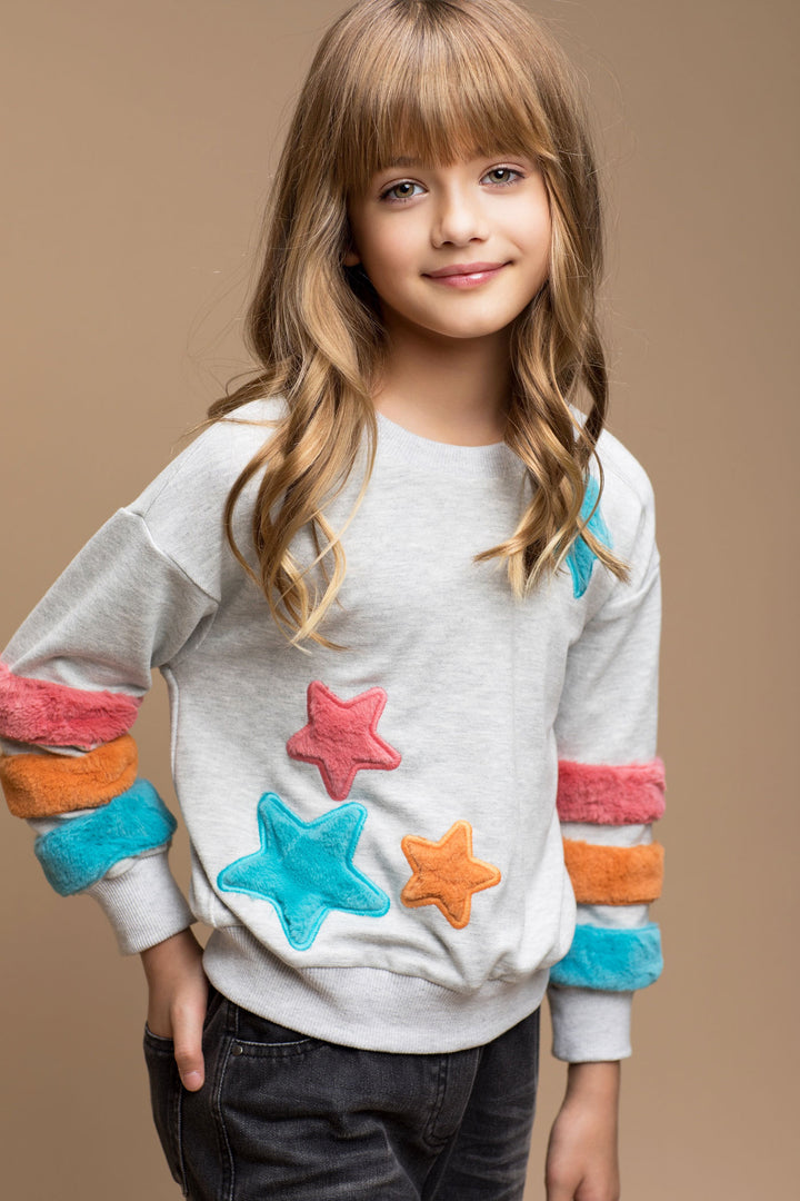 Hannah Banana Colorblock Little Girl's Faux Fur Star Sweatshirt