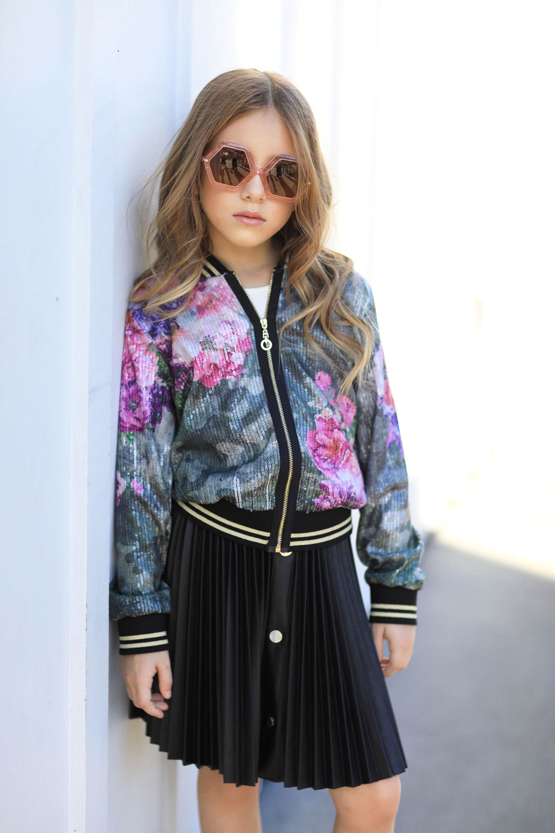 Hannah Banana Little Girl's Sequin Floral Camo Print Bomber Jacket