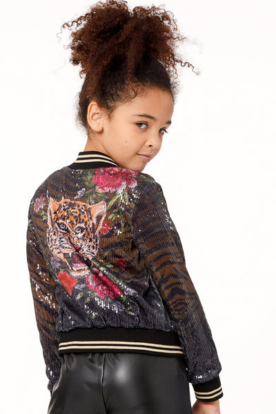 Hannah Banana Little Girl's Tiger Floral Print Sequin Bomber Jacket