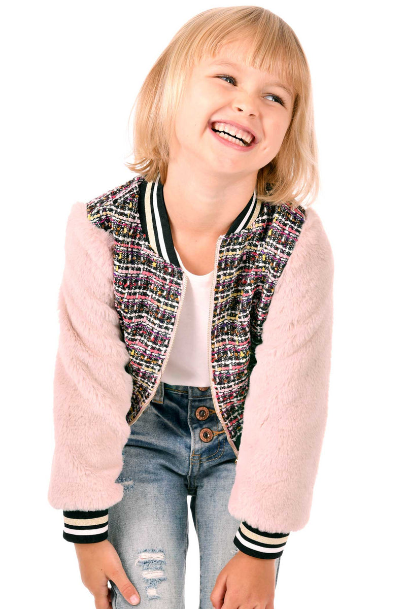 Hannah Banana Girls Tweed and Fur Fashion Bomber Jacket