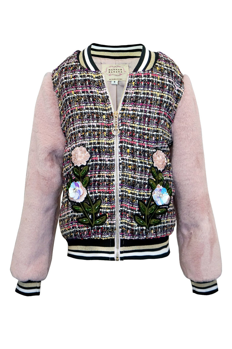 TWEED BOMBER JACKET WITH FAUX FUR CONTRAST SLV AND FLORAL PATCHES