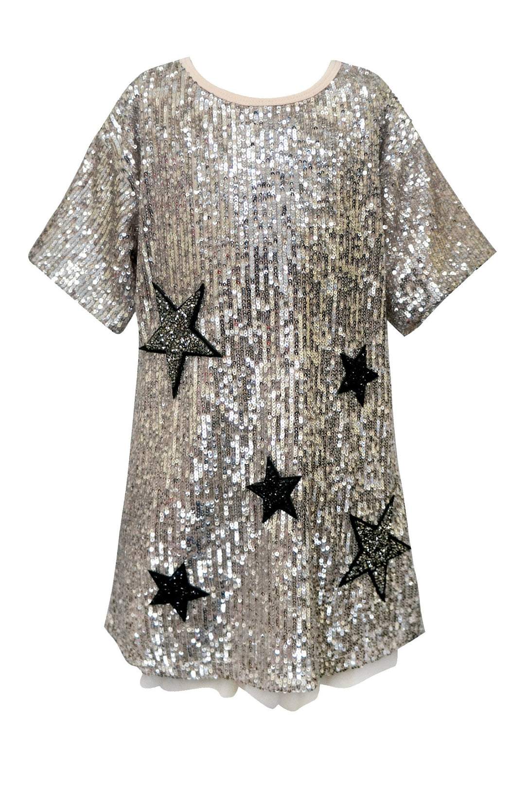 SHORT SLEEVE SEQUIN A-LINE DRESS WITH STAR PATCHES