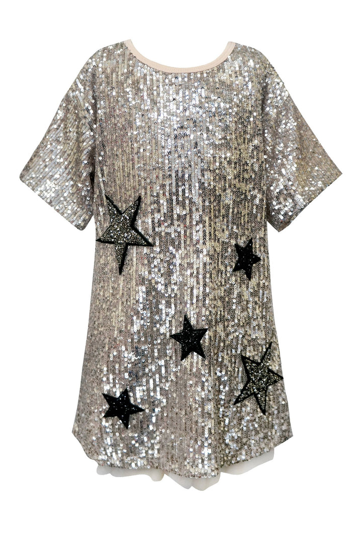 SHORT SLEEVE SEQUIN A-LINE DRESS WITH STAR PATCHES