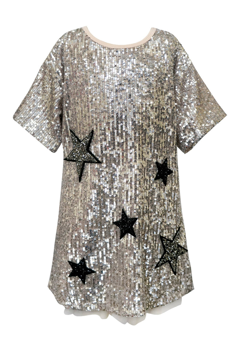 SHORT SLEEVE SEQUIN A-LINE DRESS WITH STAR PATCHES