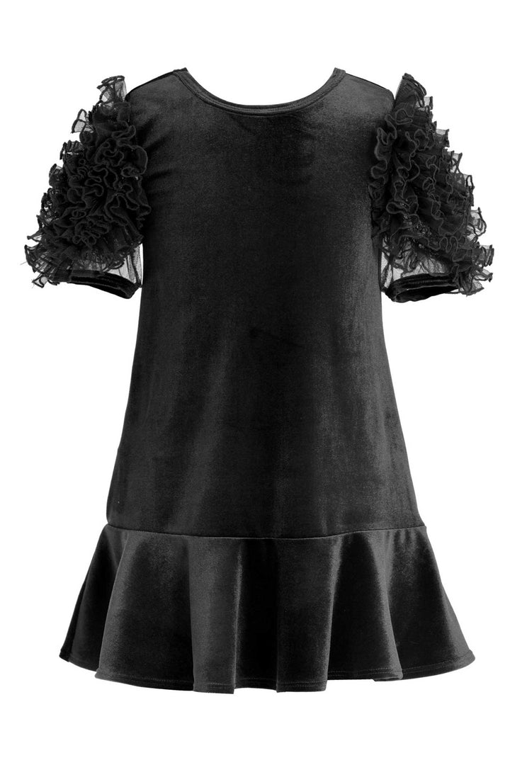Girls Mesh Frill Short Sleeve Velvet Dress Round neckline, easy pullover design Beautiful mesh frill 3D flower-shaped short sleeves Soft comfy velvet fabrication, perfect for the fall-winter holiday season Right above the knee length Imported SELF: 95% Polyester / 5% Spandex Sleeveless skater dress in high quality scuba. One-of-a-kind artwork with floral and butterfly graphics done with sublimation printing.