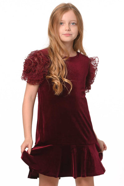 Girls Mesh Frill Short Sleeve Velvet Dress Round neckline, easy pullover design Beautiful mesh frill 3D flower-shaped short sleeves Soft comfy velvet fabrication, perfect for the fall-winter holiday season Right above the knee length Imported SELF: 95% Polyester / 5% Spandex Sleeveless skater dress in high quality scuba. One-of-a-kind artwork with floral and butterfly graphics done with sublimation printing.