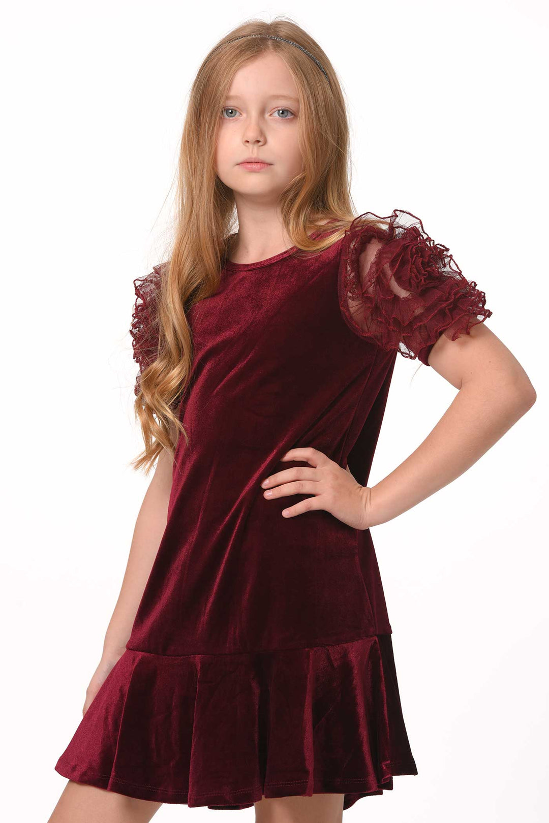 Girls Mesh Frill Short Sleeve Velvet Dress Round neckline, easy pullover design Beautiful mesh frill 3D flower-shaped short sleeves Soft comfy velvet fabrication, perfect for the fall-winter holiday season Right above the knee length Imported SELF: 95% Polyester / 5% Spandex Sleeveless skater dress in high quality scuba. One-of-a-kind artwork with floral and butterfly graphics done with sublimation printing.