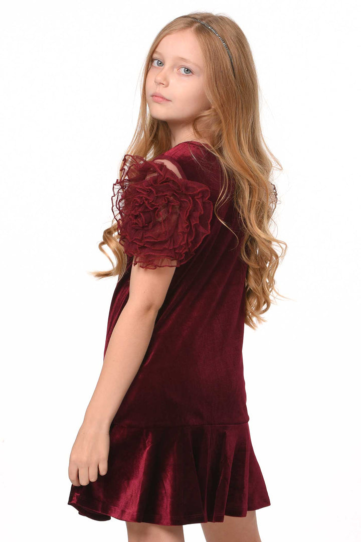 Girls Mesh Frill Short Sleeve Velvet Dress Round neckline, easy pullover design Beautiful mesh frill 3D flower-shaped short sleeves Soft comfy velvet fabrication, perfect for the fall-winter holiday season Right above the knee length Imported SELF: 95% Polyester / 5% Spandex Sleeveless skater dress in high quality scuba. One-of-a-kind artwork with floral and butterfly graphics done with sublimation printing.