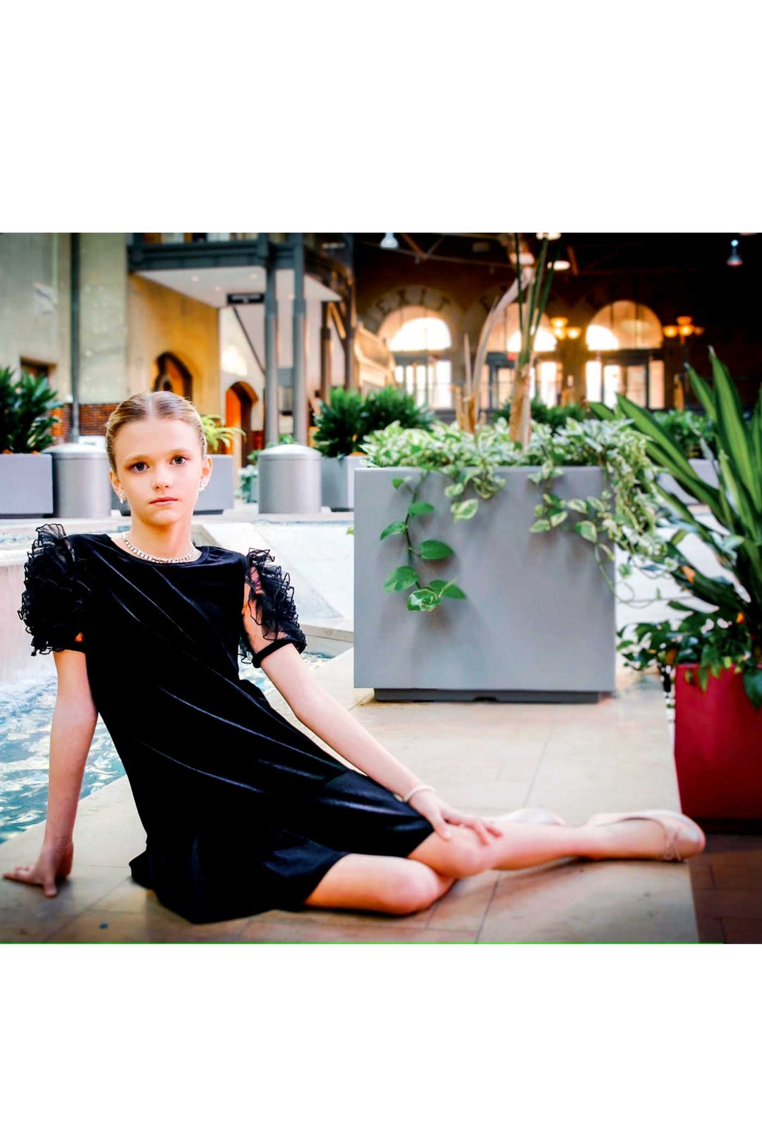 Girls Mesh Frill Short Sleeve Velvet Dress Round neckline, easy pullover design Beautiful mesh frill 3D flower-shaped short sleeves Soft comfy velvet fabrication, perfect for the fall-winter holiday season Right above the knee length Imported SELF: 95% Polyester / 5% Spandex Sleeveless skater dress in high quality scuba. One-of-a-kind artwork with floral and butterfly graphics done with sublimation printing.