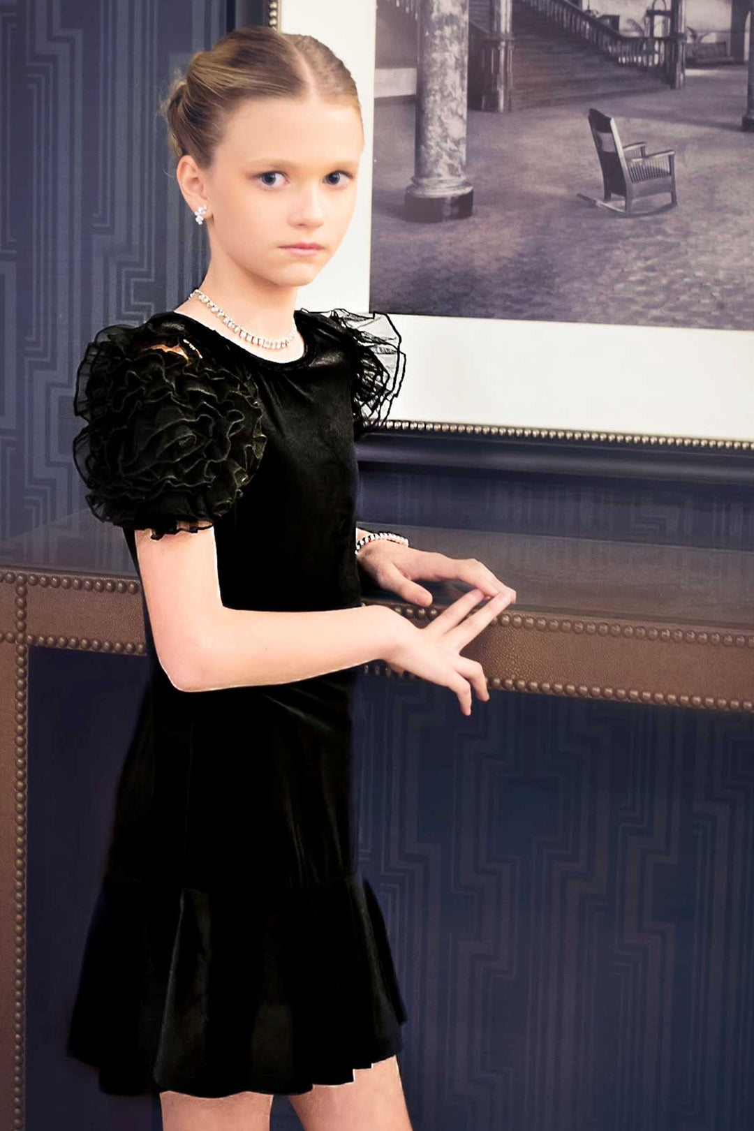 Girls Mesh Frill Short Sleeve Velvet Dress Round neckline, easy pullover design Beautiful mesh frill 3D flower-shaped short sleeves Soft comfy velvet fabrication, perfect for the fall-winter holiday season Right above the knee length Imported SELF: 95% Polyester / 5% Spandex Sleeveless skater dress in high quality scuba. One-of-a-kind artwork with floral and butterfly graphics done with sublimation printing.