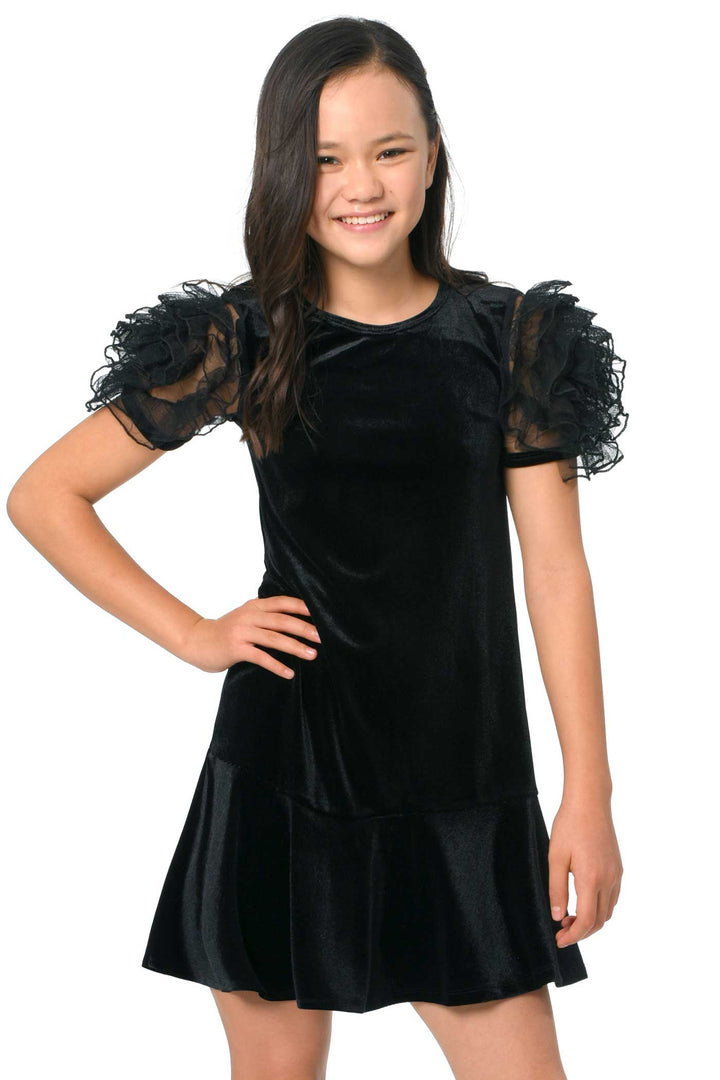 Girls Mesh Frill Short Sleeve Velvet Dress Round neckline, easy pullover design Beautiful mesh frill 3D flower-shaped short sleeves Soft comfy velvet fabrication, perfect for the fall-winter holiday season Right above the knee length Imported SELF: 95% Polyester / 5% Spandex Sleeveless skater dress in high quality scuba. One-of-a-kind artwork with floral and butterfly graphics done with sublimation printing.