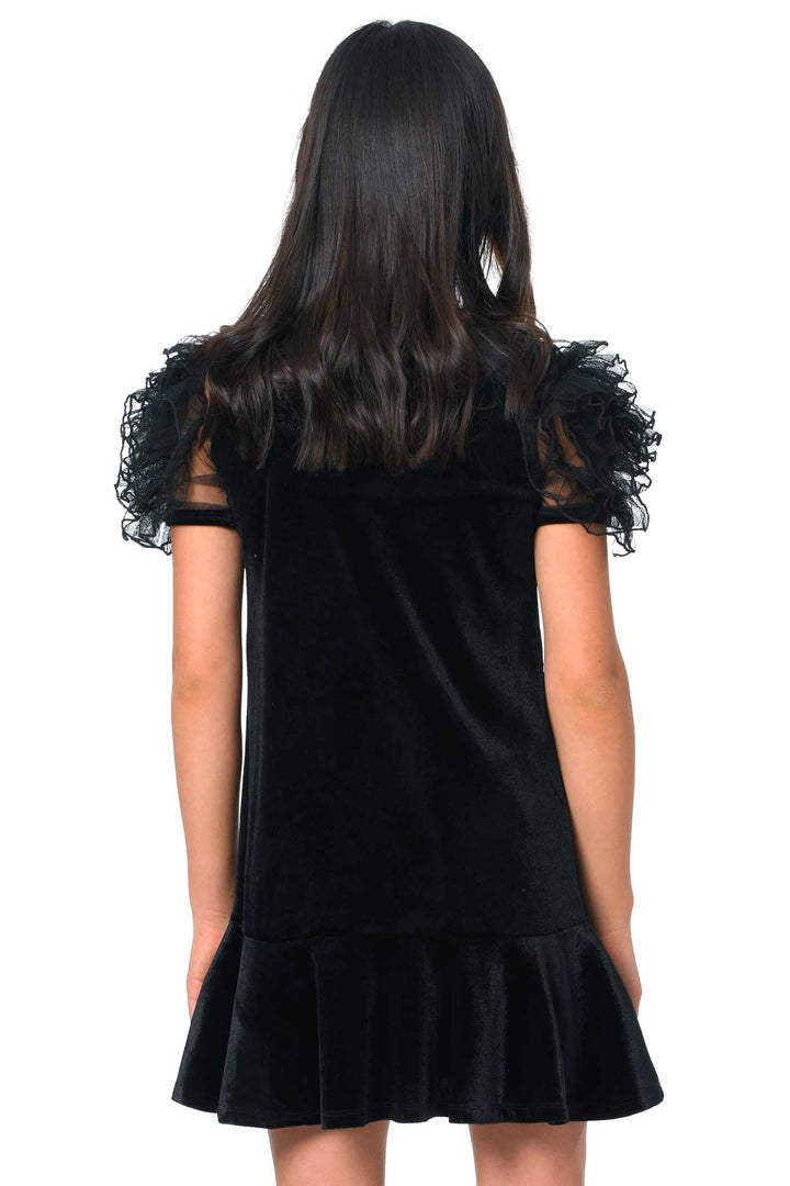 Girls Mesh Frill Short Sleeve Velvet Dress Round neckline, easy pullover design Beautiful mesh frill 3D flower-shaped short sleeves Soft comfy velvet fabrication, perfect for the fall-winter holiday season Right above the knee length Imported SELF: 95% Polyester / 5% Spandex Sleeveless skater dress in high quality scuba. One-of-a-kind artwork with floral and butterfly graphics done with sublimation printing.