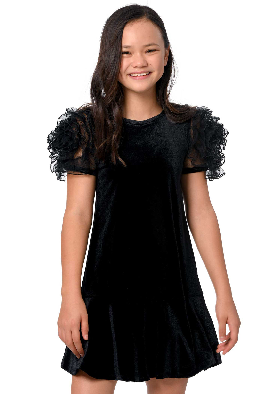 Girls Mesh Frill Short Sleeve Velvet Dress Round neckline, easy pullover design Beautiful mesh frill 3D flower-shaped short sleeves Soft comfy velvet fabrication, perfect for the fall-winter holiday season Right above the knee length Imported SELF: 95% Polyester / 5% Spandex Sleeveless skater dress in high quality scuba. One-of-a-kind artwork with floral and butterfly graphics done with sublimation printing.