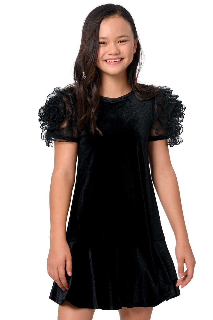 Girls Mesh Frill Short Sleeve Velvet Dress Round neckline, easy pullover design Beautiful mesh frill 3D flower-shaped short sleeves Soft comfy velvet fabrication, perfect for the fall-winter holiday season Right above the knee length Imported SELF: 95% Polyester / 5% Spandex Sleeveless skater dress in high quality scuba. One-of-a-kind artwork with floral and butterfly graphics done with sublimation printing.