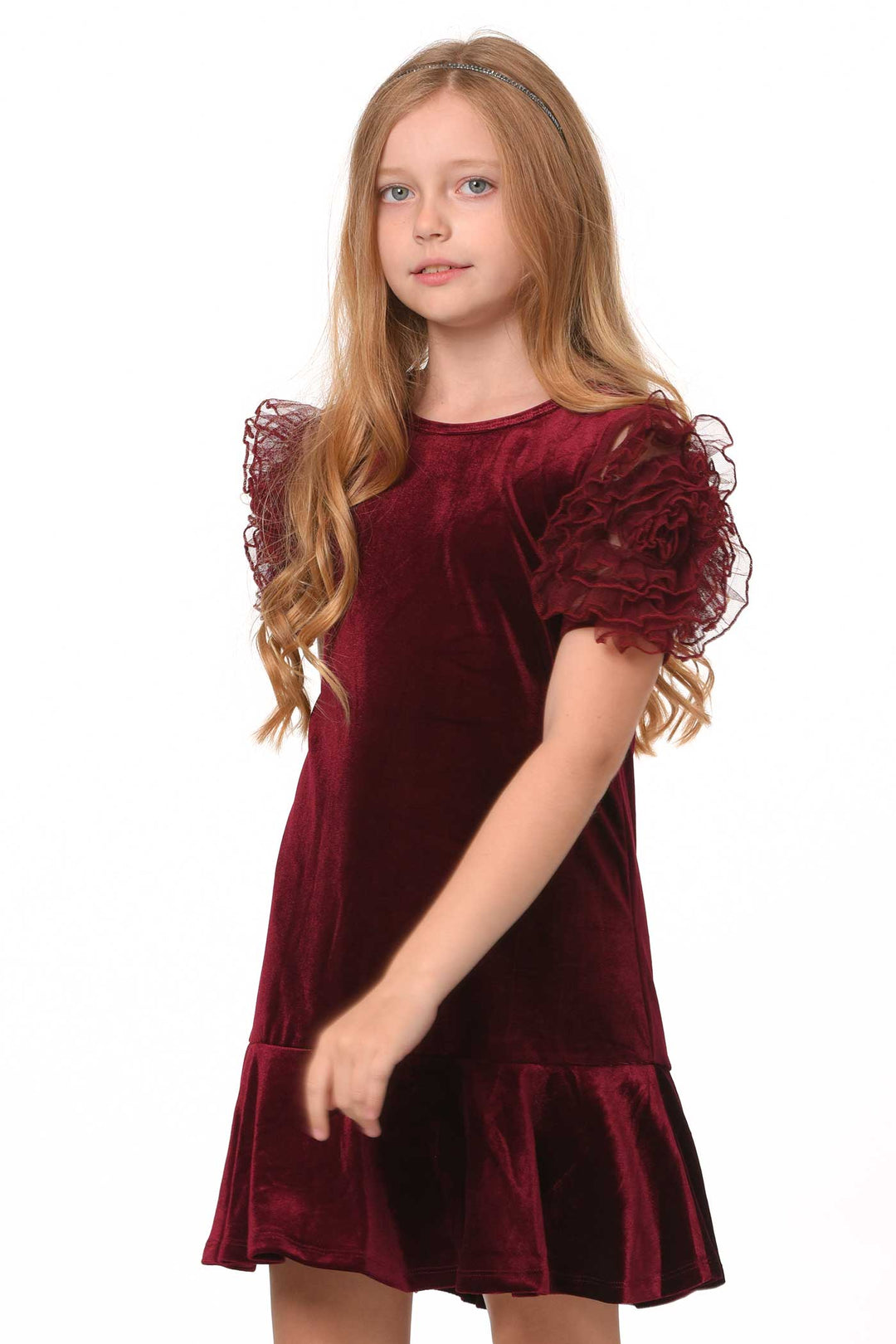 Girls Mesh Frill Short Sleeve Velvet Dress Round neckline, easy pullover design Beautiful mesh frill 3D flower-shaped short sleeves Soft comfy velvet fabrication, perfect for the fall-winter holiday season Right above the knee length Imported SELF: 95% Polyester / 5% Spandex Sleeveless skater dress in high quality scuba. One-of-a-kind artwork with floral and butterfly graphics done with sublimation printing.