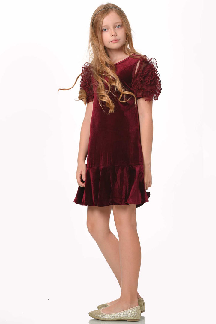 Girls Mesh Frill Short Sleeve Velvet Dress Round neckline, easy pullover design Beautiful mesh frill 3D flower-shaped short sleeves Soft comfy velvet fabrication, perfect for the fall-winter holiday season Right above the knee length Imported SELF: 95% Polyester / 5% Spandex Sleeveless skater dress in high quality scuba. One-of-a-kind artwork with floral and butterfly graphics done with sublimation printing.